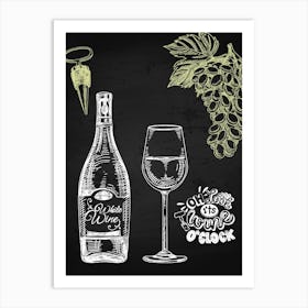 Wine Bottle And Glass On Chalkboard — wine poster, kitchen poster, wine print Art Print