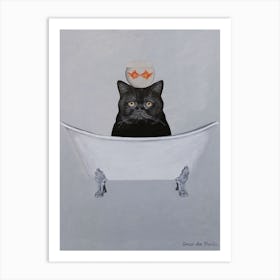 Black Cat With Fishbowl In Bathtub Art Print