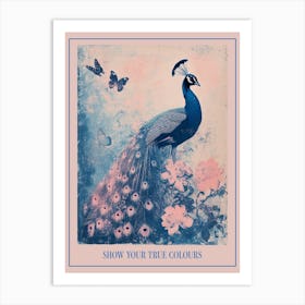 Pink & Blue Peacock Cyanotype Inspired With Butterflies 1 Poster Art Print