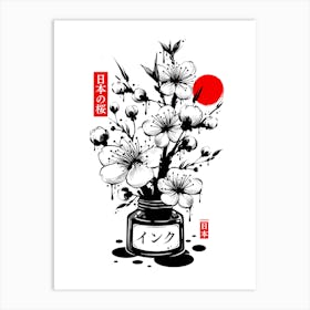 Black Cherry Blossom Japanese Ink Art Print