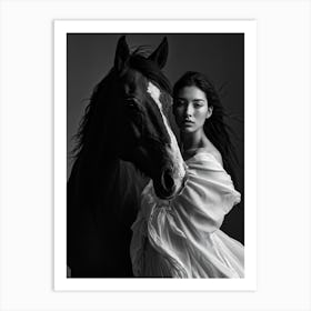 Woman On Stallion Both Cloaked In Shadow Captured In Timeless Black And White Portrait Nuanced Co Art Print