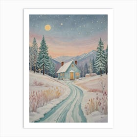 Cottage In The Snow Art Print