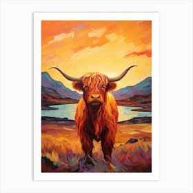 Sunset Brushstroke Impressionsim Style Painting Of A Highland Cow 1 Art Print