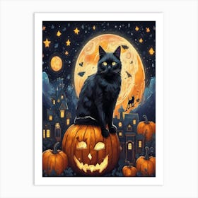 Halloween Cat Sitting On Pumpkin 1 Art Print