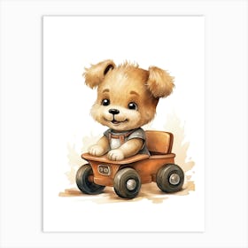 Puppy On A Toy Car, Watercolour Nursery 1 Art Print