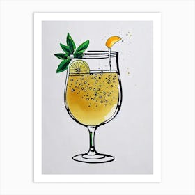 Champagne Minimal Line Drawing With Watercolour Cocktail Poster Art Print