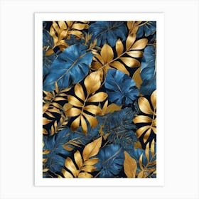 Blue And Gold Tropical Leaves Art Print Art Print