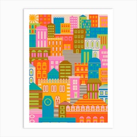 CITY LIGHTS BY DAY Vintage Travel Poster Portrait Layout with Geometric Architecture Buildings in Bright Rainbow Colours Orange Yellow Pink Green Blue Brown Cream on Cream Affiche