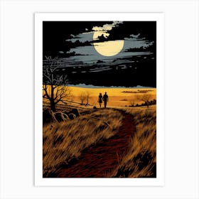 Couple Walking In The Field At Night Art Print