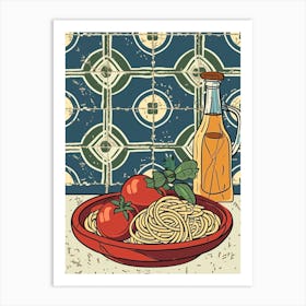 Tomatoes & Spaghetti On A Tiled Background Art Print