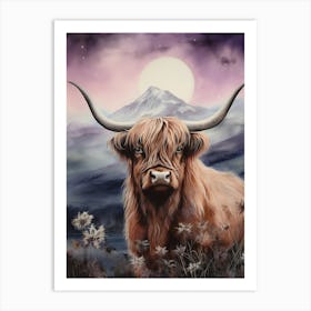 Watercolour Of Highland Cow At Night 1 Art Print