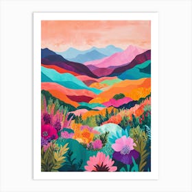 Colorful Landscape With Mountain and Flowers Art Print