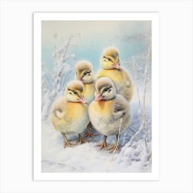 Icy Ducklings In The Snow Pencil Illustration 3 Art Print