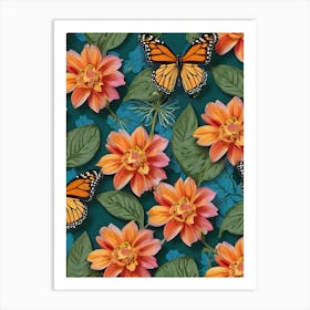 Seamless Pattern With Monarch Butterflies 2 Art Print
