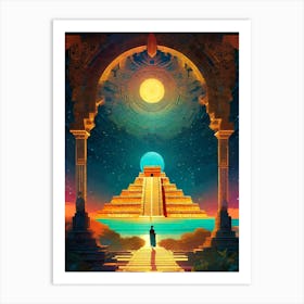 Chicken Itza Mayan Aztec Pyramid Mexican Temple - Moon Sun Eclipse Fantasy Fractals Psychedelic Chichén Itzá Cityscapes Wall Art Meditation Yoga Room Decor Mandala Art Print