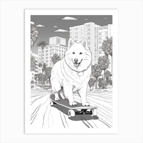 American Eskimo Dog Skateboarding Line Art 1 Art Print