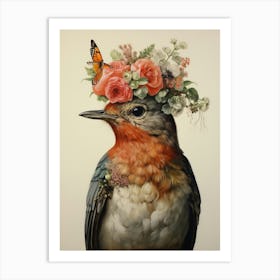 Bird With A Flower Crown Robin 3 Art Print