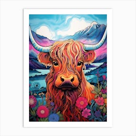 Colourful Illustration Of Highland Cow With Mountain & Lake Art Print