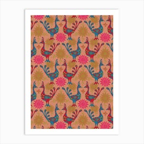 PEACOCK GARDEN Bohemian Exotic Birds in Red Blue Green Fuchsia Pink on Blush Sand Art Print