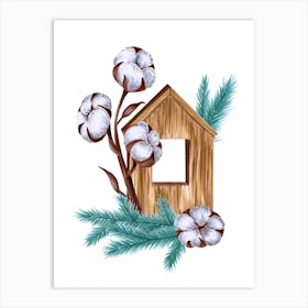 Wooden House with Cotton and Teal Pine Branches Art Print