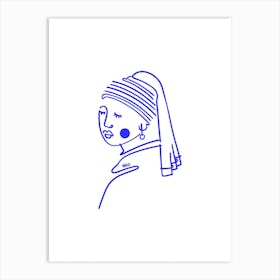 Girl Wearing A Pearl Earring Blue Line Art Print