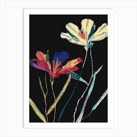 Neon Flowers On Black Flax Flower 4 Art Print