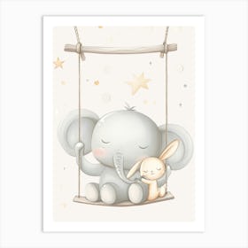 Baby Elephant And Bunny On Swing Kids and Nursery Art Print