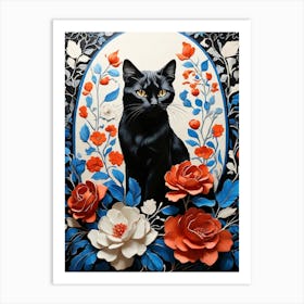 Black Cat With Roses 1 Art Print