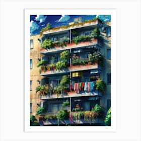 Lofi Anime Art: Lively apartment facade with lush balcony plants, colorful laundry, and sunny urban charm. Perfect for nostalgic city vibes. Art Print