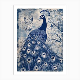 Peacock With Other Birds Linocut Inspired Art Print