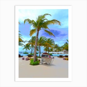 Beach Scene With Palm Tree Swimming Pool Boat Art Print