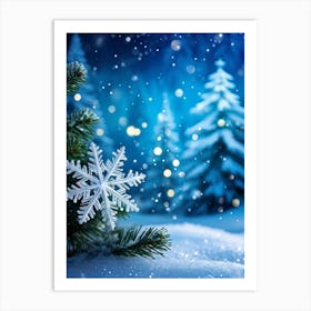 Closeup Of A Single Luminescent Snowflake Catch The Glimmer Of A Quarter Moon Resting On A Coniferou (1) Art Print