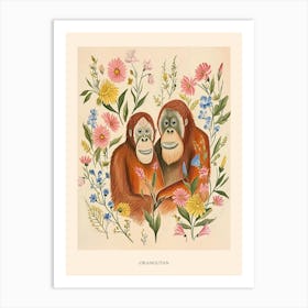 Folksy Floral Animal Drawing Orangutan 4 Poster Art Print