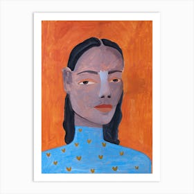 Acrylic painting of a woman in a blue sweater on an orange background Art Print