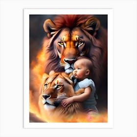 fire lion and baby girl Art Print