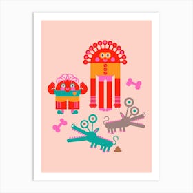 MONSTERS AND THEIR PETS Cute Kawaii Funny Alien Monsters with Pets Bones and Poo in Vintage Colours Kids Art Print