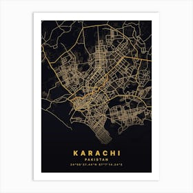 Karachi Pakistan Black And Gold Map Art Print