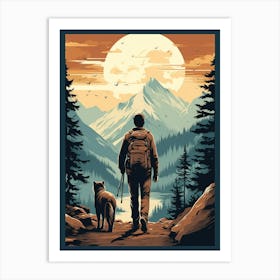 Man And Dog Hiking In The Mountains Art Print