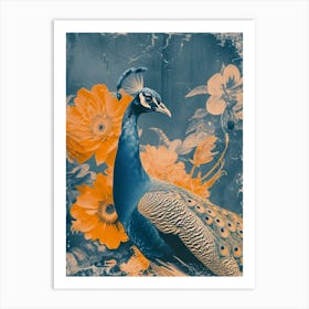 Floral Orange & Blue Peacock 1 Art Print