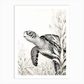 Curious Sea Turtle Swimming Behind Seaweed Art Print