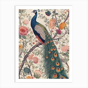 Vintage Peacock Cream Floral Decadent Wallpaper 2 Art Print