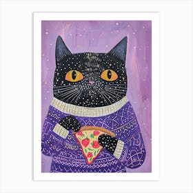Cute Black Cat Eating A Pizza Slice Folk Illustration 4 Art Print