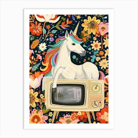 Unicorn Watching Tv Floral Fauvism Painting 1 Art Print