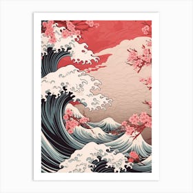 Great Wave With Cherry Blossom Flower Drawing In The Style Of Ukiyo E 2 Art Print