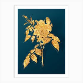 Vintage Fragrant Rosebush Botanical in Gold on Teal Blue n.0073 Art Print