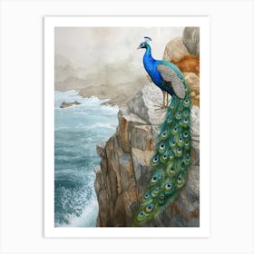 Peacock On A Cliff Edge Watercolour 3 Art Print