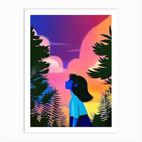 Luxmango Young Girl Looking At Stars And Sky, Charecter Illustration Art Print