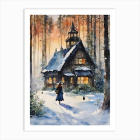 The Return Home ~ A Witch Return to Her Beautiful Witches Cottage after a Winters Walk in the Woods, Witchy art, yule art, pagan art, witchcraft watercolor fairytale scene, cottagecore, witchcore, wheel of the year, kitchen witch, green witch Art Print