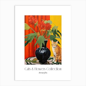 Cats & Flowers Collection Amaryllis Flower Vase And A Cat, A Painting In The Style Of Matisse 1 Art Print