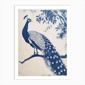 Navy Blue Linocut Inspired Peacock In A Tree 3 Art Print